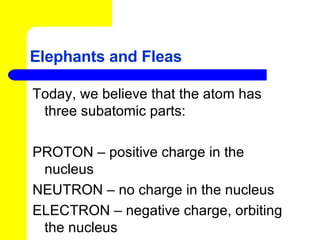 Elephants and Fleas Today, we believe that the atom has three subatomic parts: PROTON – positive charge in the nucleus NEUTRON – no charge in the nucleus ELECTRON – negative charge, orbiting the nucleus 