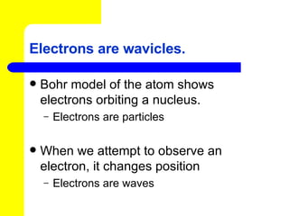 Electrons are wavicles. Bohr model of the atom shows electrons orbiting a nucleus. Electrons are particles When we attempt to observe an electron, it changes position Electrons are waves 