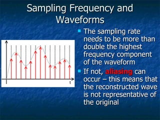 Sampling Frequency and Waveforms The sampling rate needs to be more than double the highest frequency component of the waveform If not,  aliasing  can occur – this means that the reconstructed wave is not representative of the original 