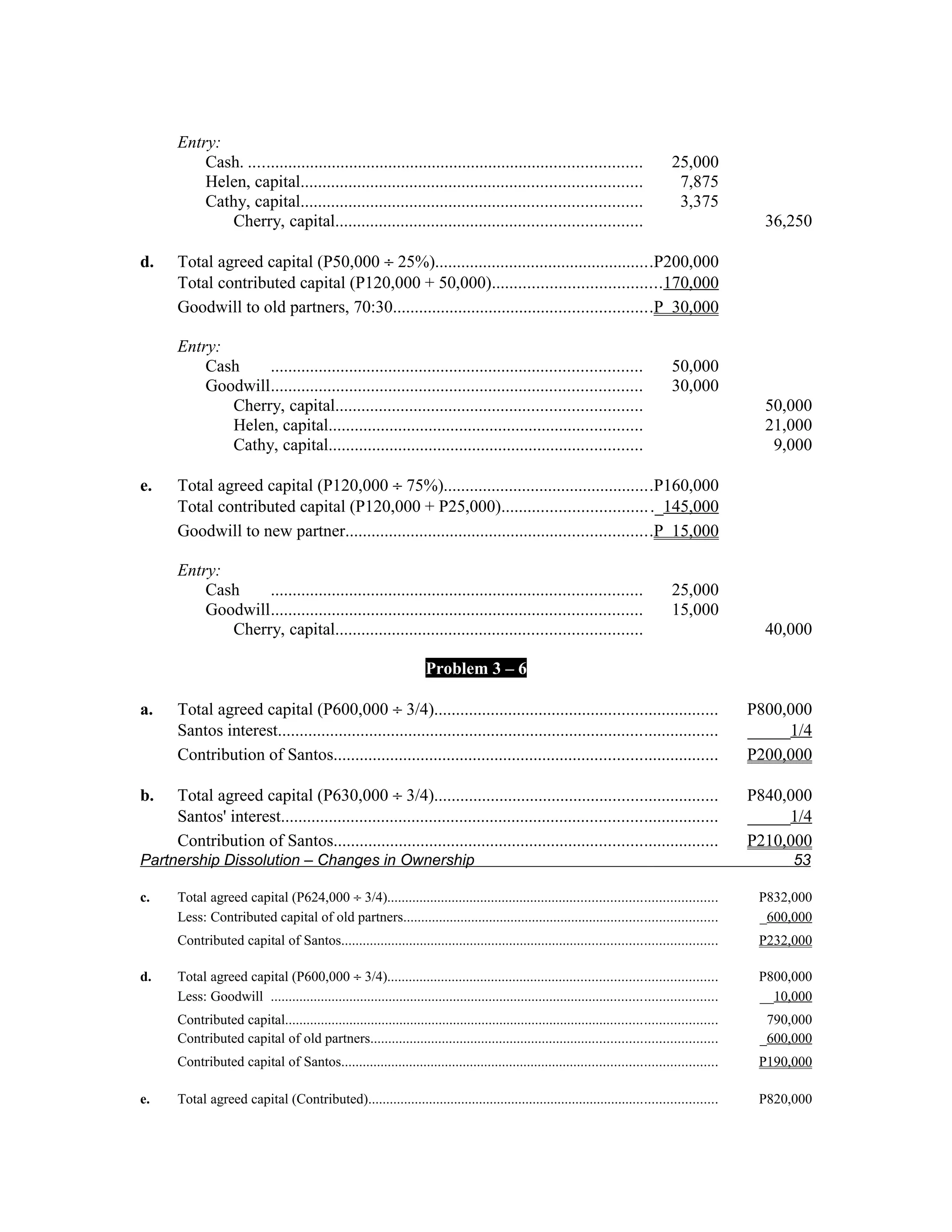 Entry:
         Cash. ..........................................................................................                           25,000
         Helen, capital..............................................................................                                7,875
         Cathy, capital..............................................................................                                3,375
            Cherry, capital......................................................................                                                    36,250

d.   Total agreed capital (P50,000 ÷ 25%)..................................................P200,000
     Total contributed capital (P120,000 + 50,000)......................................170,000
     Goodwill to old partners, 70:30...........................................................P 30,000

     Entry:
         Cash    .....................................................................................                              50,000
         Goodwill.....................................................................................                              30,000
            Cherry, capital......................................................................                                                    50,000
            Helen, capital........................................................................                                                   21,000
            Cathy, capital........................................................................                                                    9,000

e.   Total agreed capital (P120,000 ÷ 75%)................................................P160,000
     Total contributed capital (P120,000 + P25,000)................................. ._145,000
     Goodwill to new partner......................................................................P 15,000

     Entry:
         Cash    .....................................................................................                              25,000
         Goodwill.....................................................................................                              15,000
            Cherry, capital......................................................................                                                    40,000

                                                                    Problem 3 – 6

a.   Total agreed capital (P600,000 ÷ 3/4).................................................................                                        P800,000
     Santos interest.....................................................................................................                          _____1/4
     Contribution of Santos........................................................................................                                P200,000

b.   Total agreed capital (P630,000 ÷ 3/4).................................................................                                        P840,000
     Santos' interest....................................................................................................                          _____1/4
     Contribution of Santos........................................................................................                                P210,000
Partnership Dissolution – Changes in Ownership                                                                                                           53

c.   Total agreed capital (P624,000 ÷ 3/4)...........................................................................................               P832,000
     Less: Contributed capital of old partners.......................................................................................               _600,000
     Contributed capital of Santos........................................................................................................          P232,000

d.   Total agreed capital (P600,000 ÷ 3/4)...........................................................................................               P800,000
     Less: Goodwill ............................................................................................................................    __10,000
     Contributed capital........................................................................................................................     790,000
     Contributed capital of old partners................................................................................................            _600,000
     Contributed capital of Santos........................................................................................................          P190,000

e.   Total agreed capital (Contributed).................................................................................................            P820,000
 