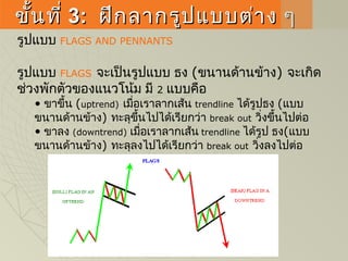 ขั้นที่ขั้นที่ 33:: ฝึกลากรูปแบบต่าง ๆฝึกลากรูปแบบต่าง ๆ
รูปแบบ FLAGS AND PENNANTS
รูปแบบ FLAGS จะเป็นรูปแบบ ธง (ขนานด้านข้าง) จะเกิด
ช่วงพักตัวของแนวโน้ม มี 2 แบบคือ
• ขาขึ้น (uptrend) เมื่อเราลากเส้น trendline ได้รูปธง (แบบ
ขนานด้านข้าง) ทะลุขึ้นไปได้เรียกว่า break out วิ่งขึ้นไปต่อ
• ขาลง (downtrend) เมื่อเราลากเส้น trendline ได้รูป ธง(แบบ
ขนานด้านข้าง) ทะลุลงไปได้เรียกว่า break out วิ่งลงไปต่อ 
 