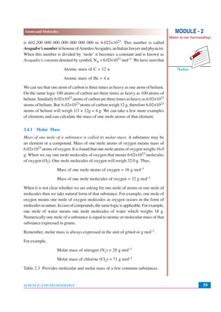 59
Atoms and Molecules
SCIENCE AND TECHNOLOGY
Notes
MODULE - 2
Matter in our Surroundings
is 602,200 000 000 000 000 000 000 or 6.022×1023. This number is called
Avogadro’snumber inhonourofAmedeoAvogadro,anItalianlawyerandphysicist.
When this number is divided by ‘mole’ it becomes a constant and is known as
Avogadro’s constant denoted by symbol, NA = 6.02×1023 mol–1. We have seen that
Atomic mass of C = 12 u
Atomic mass of He = 4 u
We can see that one atom of carbon is three times as heavy as one atom of helium.
On the same logic 100 atoms of carbon are three times as heavy as 100 atoms of
helium. Similarly 6.02×1023 atoms of carbon are three times as heavy as 6.02×1023
atoms of helium. But 6.02×1023 atoms of carbon weigh 12 g, therefore 6.02×1023
atoms of helium will weigh 1/3 × 12g = 4 g. We can take a few more examples
of elements and can calculate the mass of one mole atoms of that element.
3.4.1 Molar Mass
Mass of one mole of a substance is called its molar mass. A substance may be
an element or a compound. Mass of one mole atoms of oxygen means mass of
6.02×1023 atoms of oxygen. It is found that one mole atoms of oxygen weighs 16.0
g. When we say one mole molecules of oxygen that means 6.02×1023 molecules
of oxygen (O2). One mole molecules of oxygen will weigh 32.0 g. Thus,
Mass of one mole atoms of oxygen = 16 g mol–1
Mass of one mole molecules of oxygen = 32 g mol–1
When it is not clear whether we are asking for one mole of atoms or one mole of
molecules then we take natural form of that substance. For example, one mole of
oxygen means one mole of oxygen molecules as oxygen occurs in the form of
moleculesinnature.Incaseofcompounds,thesamelogicisapplicable.Forexample,
one mole of water means one mole molecules of water which weighs 18 g.
Numerically one mole of a substance is equal to atomic or molecular mass of that
substance expressed in grams.
Remember, molar mass is always expressed in the unit of g/mol or g mol–1.
For example,
Molar mass of nitrogen (N2) = 28 g mol–1
Molar mass of chlorine (Cl2) = 71 g mol–1
Table 2.3 Provides molecular and molar mass of a few common substances.
 