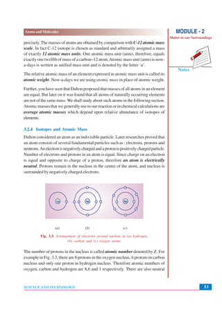 53
Atoms and Molecules
SCIENCE AND TECHNOLOGY
Notes
MODULE - 2
Matter in our Surroundings
precisely.The masses of atoms are obtained by comparison with C-12 atomic mass
scale. In fact C-12 isotope is chosen as standard and arbitrarily assigned a mass
of exactly 12 atomic mass units. One atomic mass unit (amu), therefore, equals
exactly one twelfth of mass of a carbon–12 atom,Atomic mass unit (amu) is now-
a-days is written as unified mass unit and is denoted by the letter ‘u’.
The relative atomic mass of an element expressed in atomic mass unit is called its
atomic weight. Now-a-days we are using atomic mass in place of atomic weight.
Further, you have seen that Dalton proposed that masses of all atoms in an element
are equal. But later on it was found that all atoms of naturally occurring elements
are not of the same mass. We shall study about such atoms in the following section.
Atomic masses that we generally use in our reaction or in chemical calculations are
average atomic masses which depend upon relative abundance of isotopes of
elements.
3.2.4 Isotopes and Atomic Mass
Dalton considered an atom as an indivisible particle. Later researches proved that
an atom consists of several fundamental particles such as : electrons, protons and
neutrons.Anelectronisnegativelychargedandaprotonispositivelychargedparticle.
Number of electrons and protons in an atom is equal. Since charge on an electron
is equal and opposite to charge of a proton, therefore an atom is electrically
neutral. Protons remain in the nucleus in the centre of the atom, and nucleus is
surrounded by negatively charged electrons.
1p 6p 8p
(a) (b) (c)
Fig. 3.3: Arrangement of electrons around nucleus in (a) hydrogen,
(b) carbon and (c) oxygen atoms
The number of protons in the nucleus is called atomic number denoted by Z. For
example in Fig. 3.3, there are 8 protons in the oxygen nucleus, 6 protons in carbon
nucleus and only one proton in hydrogen nucleus. Therefore atomic numbers of
oxygen, carbon and hydrogen are 8,6 and 1 respectively. There are also neutral
 