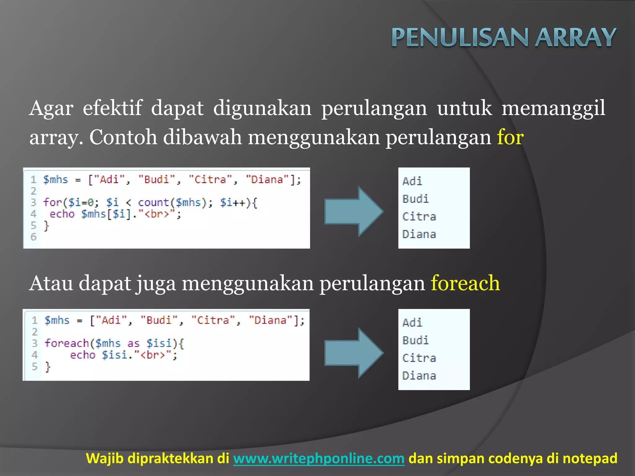 Agar efektif dapat digunakan perulangan untuk memanggil
array. Contoh dibawah menggunakan perulangan for
Atau dapat juga menggunakan perulangan foreach
Wajib dipraktekkan di www.writephponline.com dan simpan codenya di notepad
 