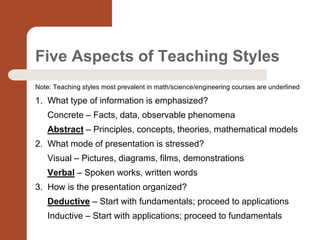 Five Aspects of Teaching Styles
Note: Teaching styles most prevalent in math/science/engineering courses are underlined
1....
