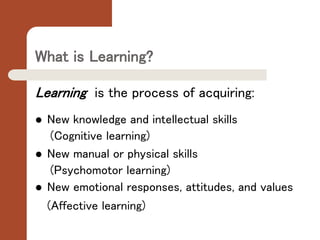 What is Learning?
Learning is the process of acquiring:
 New knowledge and intellectual skills
(Cognitive learning)
 New...