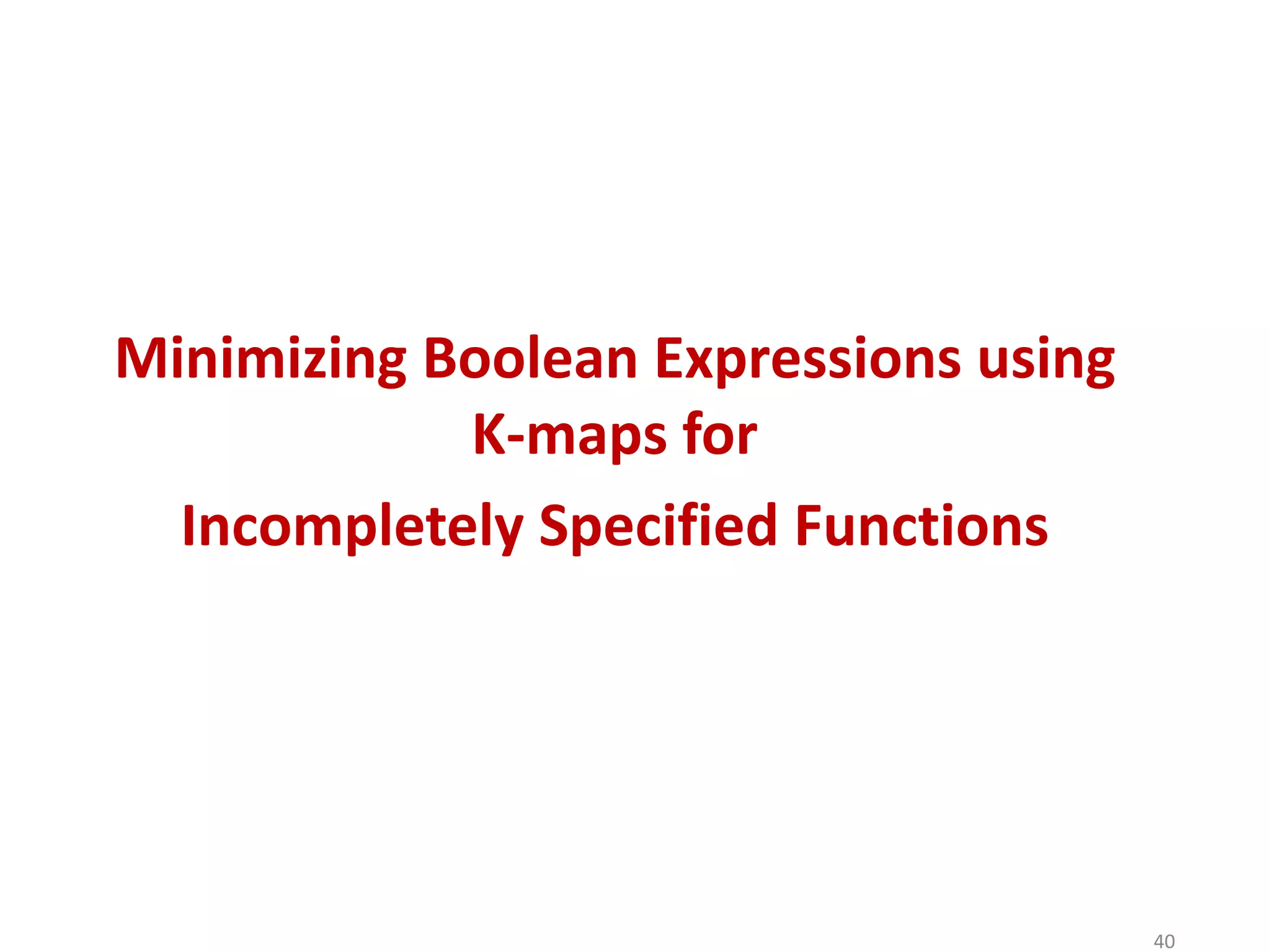 Minimizing Boolean Expressions using
K-maps for
Incompletely Specified Functions
40
 
