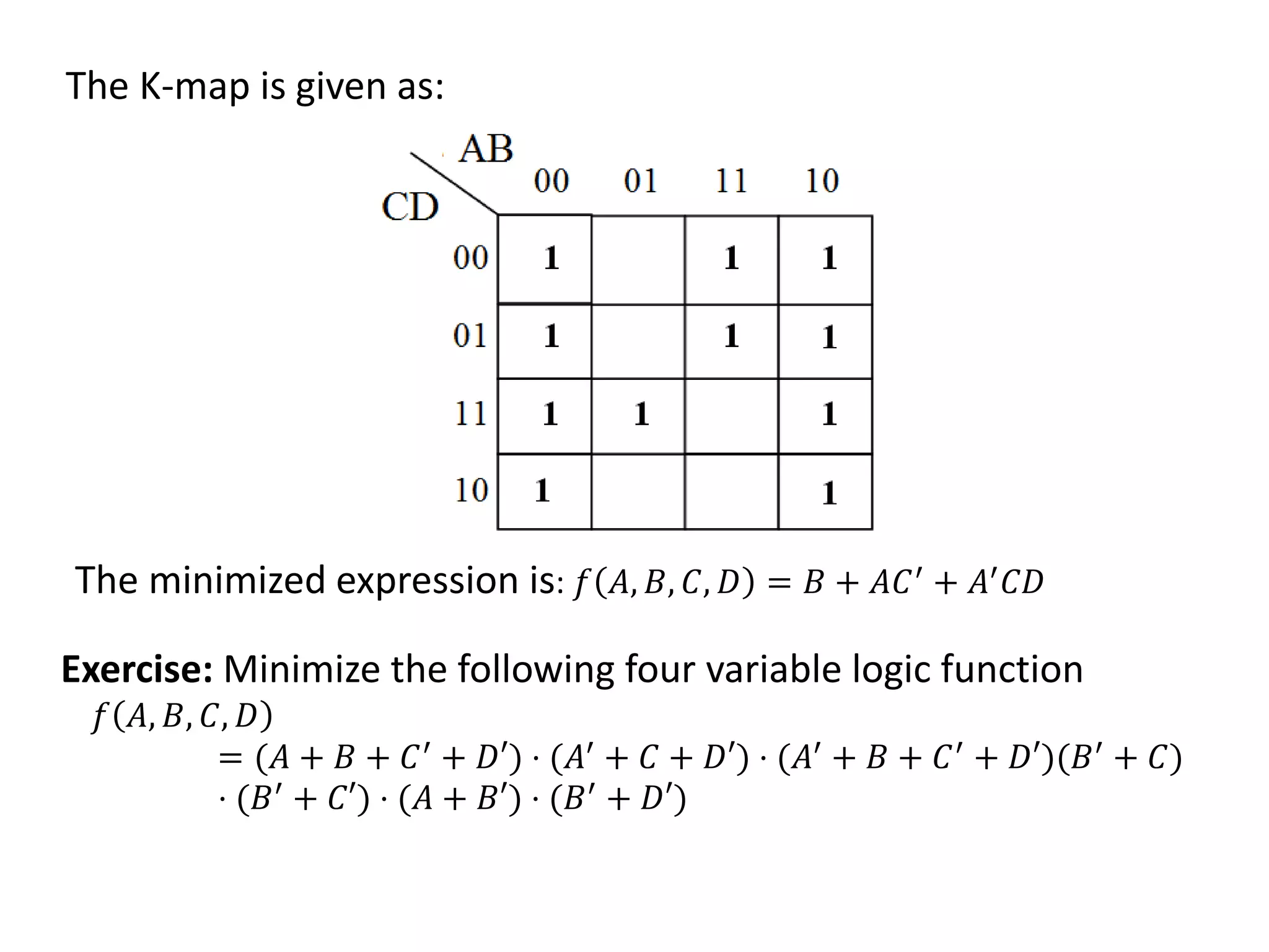 The K-map is given as:
Exercise: Minimize the following four variable logic function
𝑓 𝐴, 𝐵, 𝐶, 𝐷
= (𝐴 + 𝐵 + 𝐶′ + 𝐷′) ⋅ (𝐴′ + 𝐶 + 𝐷′) ⋅ (𝐴′ + 𝐵 + 𝐶′ + 𝐷′)(𝐵′ + 𝐶)
⋅ (𝐵′ + 𝐶′) ⋅ (𝐴 + 𝐵′) ⋅ (𝐵′ + 𝐷′)
The minimized expression is: 𝑓 𝐴, 𝐵, 𝐶, 𝐷 = 𝐵 + 𝐴𝐶′ + 𝐴′𝐶𝐷
 
