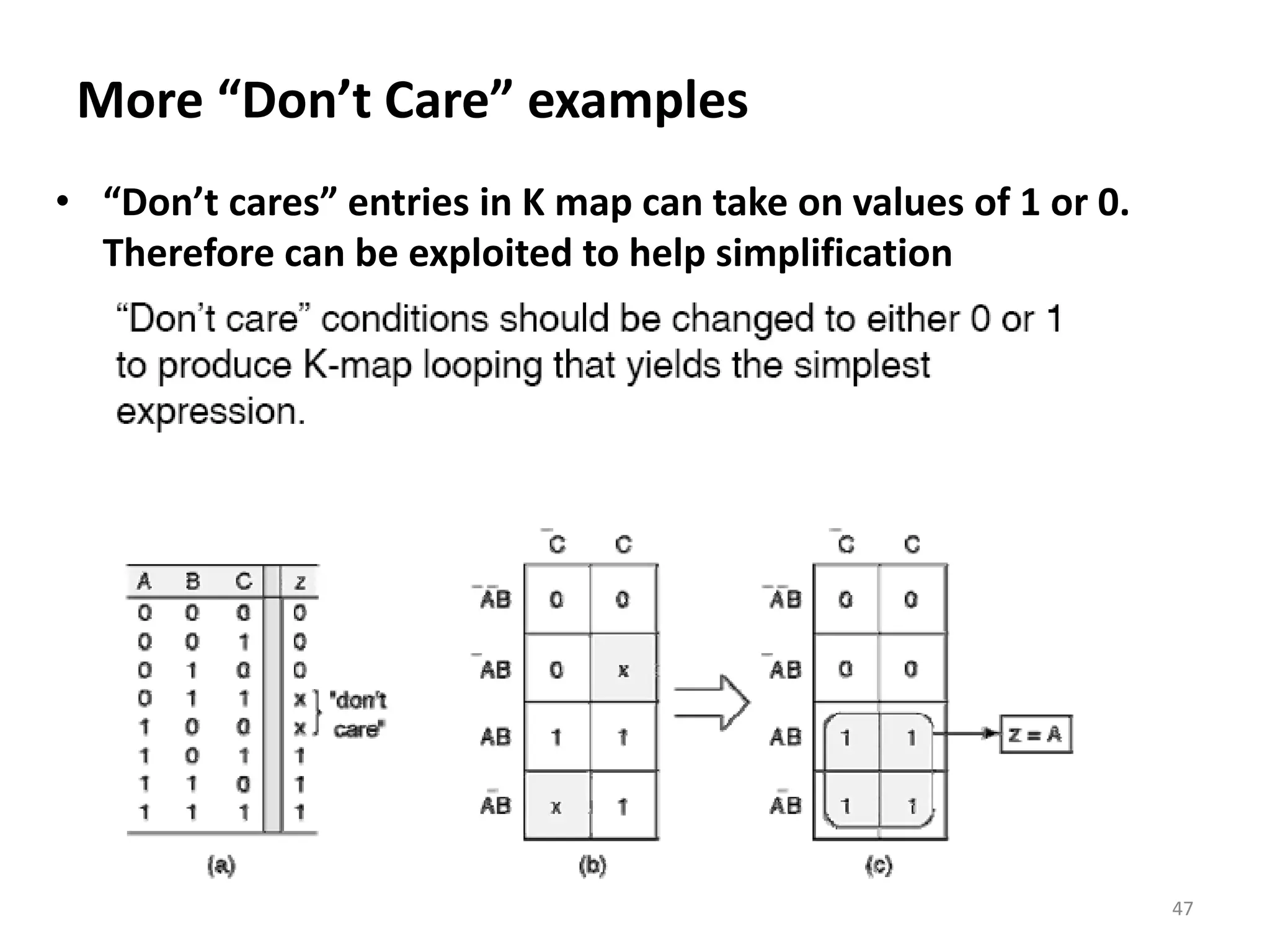 More “Don’t Care” examples
• “Don’t cares” entries in K map can take on values of 1 or 0.
Therefore can be exploited to help simplification
47
 