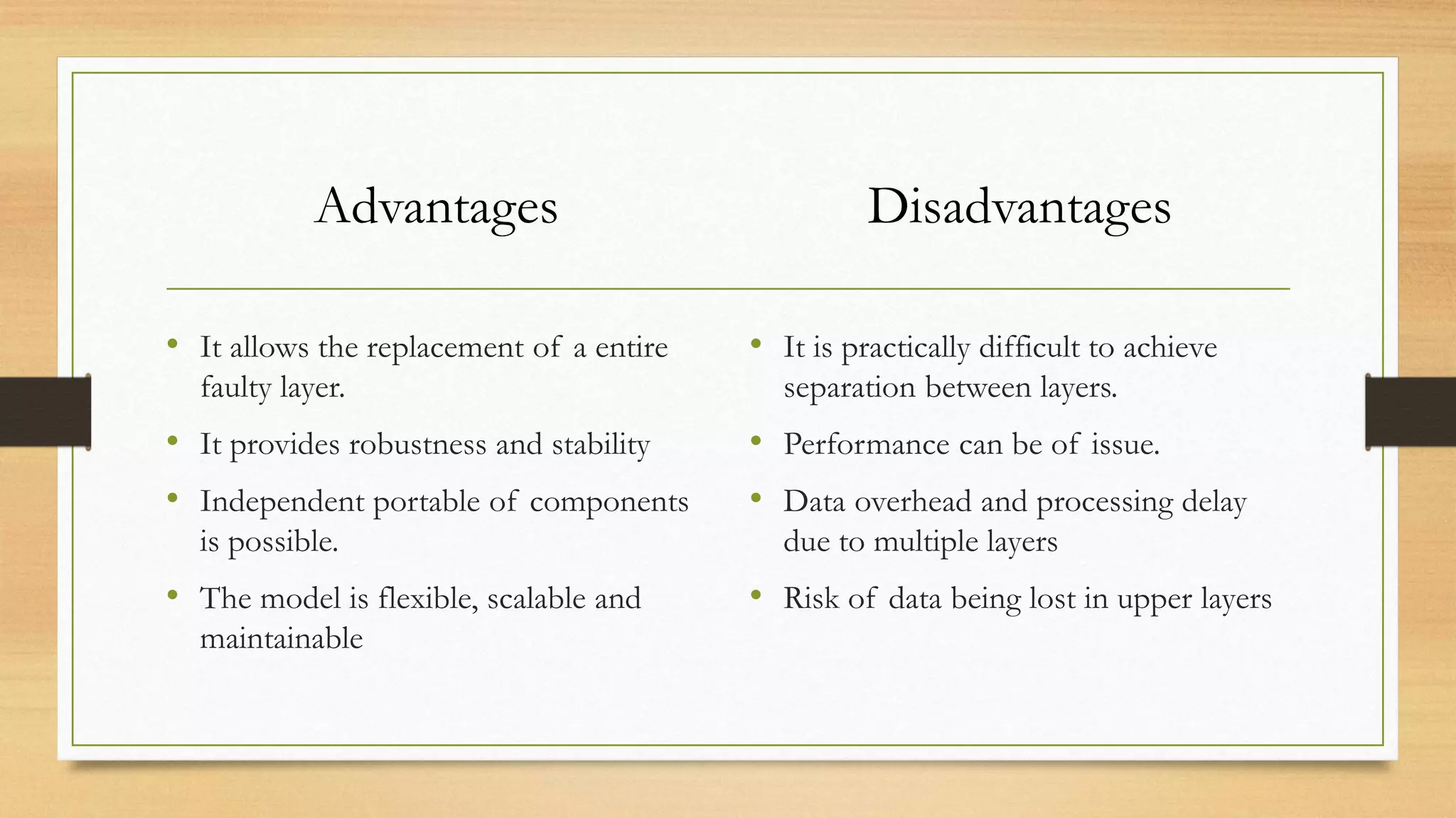 Advantages
• It allows the replacement of a entire
faulty layer.
• It provides robustness and stability
• Independent portable of components
is possible.
• The model is flexible, scalable and
maintainable
Disadvantages
• It is practically difficult to achieve
separation between layers.
• Performance can be of issue.
• Data overhead and processing delay
due to multiple layers
• Risk of data being lost in upper layers
 
