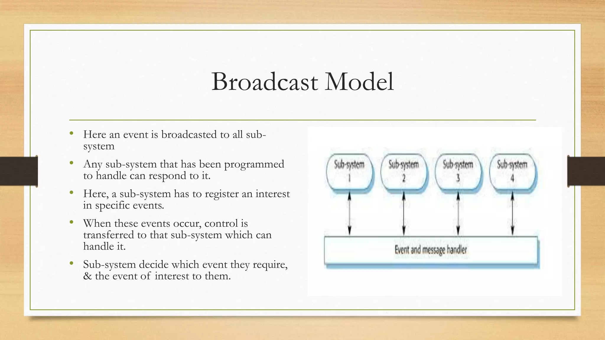 Broadcast Model
• Here an event is broadcasted to all sub-
system
• Any sub-system that has been programmed
to handle can respond to it.
• Here, a sub-system has to register an interest
in specific events.
• When these events occur, control is
transferred to that sub-system which can
handle it.
• Sub-system decide which event they require,
& the event of interest to them.
 
