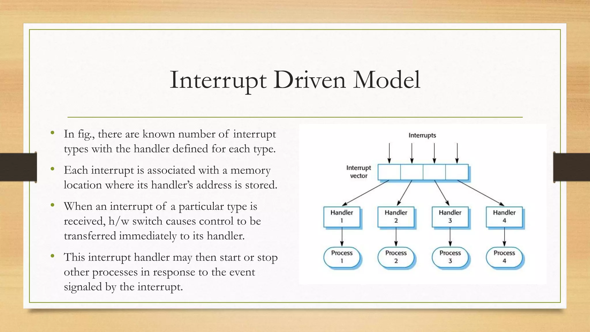 Interrupt Driven Model
• In fig., there are known number of interrupt
types with the handler defined for each type.
• Each interrupt is associated with a memory
location where its handler’s address is stored.
• When an interrupt of a particular type is
received, h/w switch causes control to be
transferred immediately to its handler.
• This interrupt handler may then start or stop
other processes in response to the event
signaled by the interrupt.
 
