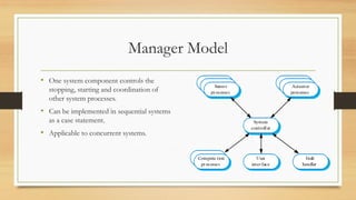 Manager Model
• One system component controls the
stopping, starting and coordination of
other system processes.
• Can be implemented in sequential systems
as a case statement.
• Applicable to concurrent systems.
 