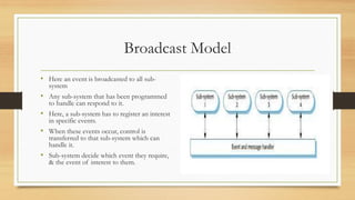 Broadcast Model
• Here an event is broadcasted to all sub-
system
• Any sub-system that has been programmed
to handle can respond to it.
• Here, a sub-system has to register an interest
in specific events.
• When these events occur, control is
transferred to that sub-system which can
handle it.
• Sub-system decide which event they require,
& the event of interest to them.
 