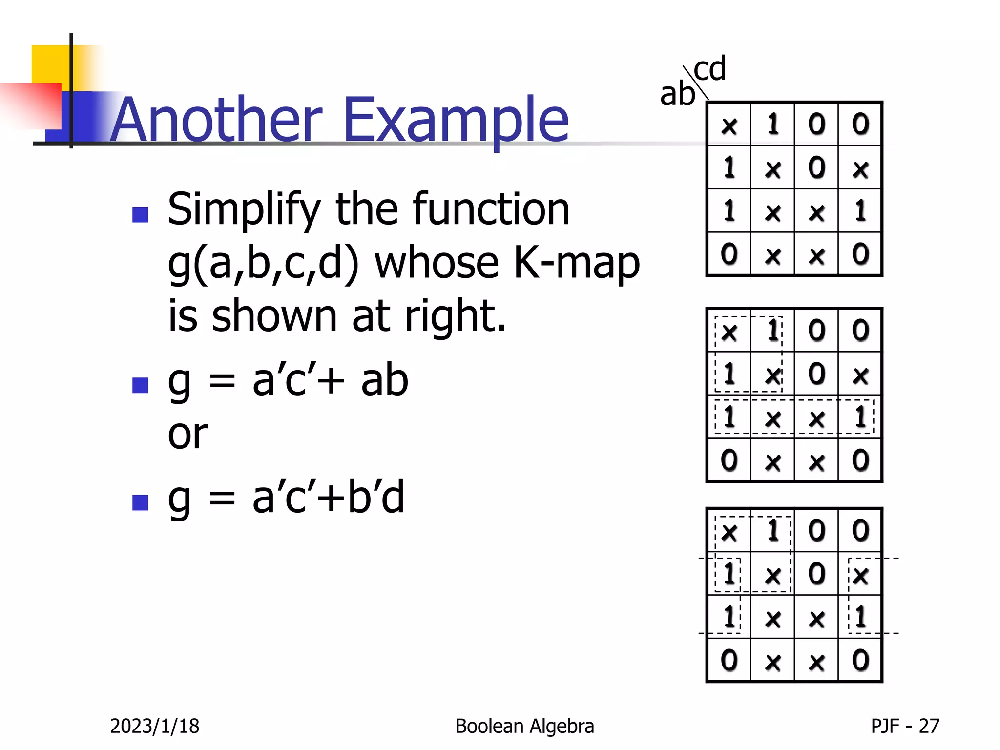 Another Example
 Simplify the function
g(a,b,c,d) whose K-map
is shown at right.
 g = a’c’+ ab
or
 g = a’c’+b’d
2023/1/18 Boolean Algebra PJF - 27
x 1 0 0
1 x 0 x
1 x x 1
0 x x 0
x 1 0 0
1 x 0 x
1 x x 1
0 x x 0
x 1 0 0
1 x 0 x
1 x x 1
0 x x 0
ab
cd
 