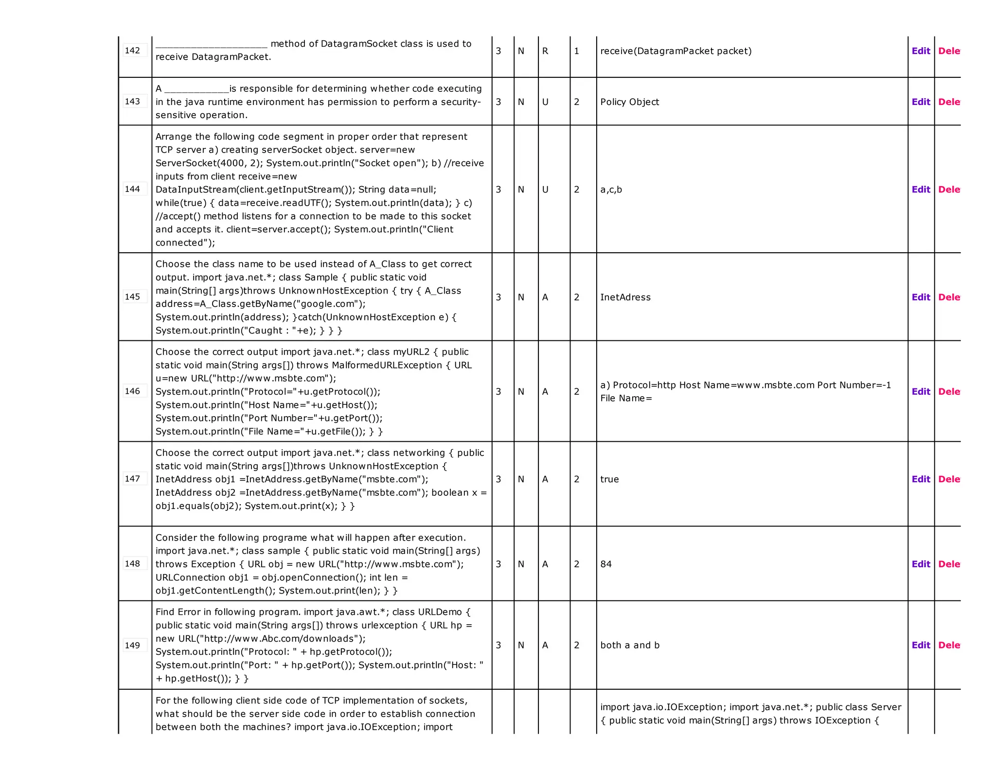 142
___________________ method of DatagramSocket class is used to
receive DatagramPacket.
3 N R 1 receive(DatagramPacket packet) Edit Delete
143
A ___________is responsible for determining whether code executing
in the java runtime environment has permission to perform a security-
sensitive operation.
3 N U 2 Policy Object Edit Delete
144
Arrange the following code segment in proper order that represent
TCP server a) creating serverSocket object. server=new
ServerSocket(4000, 2); System.out.println("Socket open"); b) //receive
inputs from client receive=new
DataInputStream(client.getInputStream()); String data=null;
while(true) { data=receive.readUTF(); System.out.println(data); } c)
//accept() method listens for a connection to be made to this socket
and accepts it. client=server.accept(); System.out.println("Client
connected");
3 N U 2 a,c,b Edit Delete
145
Choose the class name to be used instead of A_Class to get correct
output. import java.net.*; class Sample { public static void
main(String[] args)throws UnknownHostException { try { A_Class
address=A_Class.getByName("google.com");
System.out.println(address); }catch(UnknownHostException e) {
System.out.println("Caught : "+e); } } }
3 N A 2 InetAdress Edit Delete
146
Choose the correct output import java.net.*; class myURL2 { public
static void main(String args[]) throws MalformedURLException { URL
u=new URL("http://www.msbte.com");
System.out.println("Protocol="+u.getProtocol());
System.out.println("Host Name="+u.getHost());
System.out.println("Port Number="+u.getPort());
System.out.println("File Name="+u.getFile()); } }
3 N A 2
a) Protocol=http Host Name=www.msbte.com Port Number=-1
File Name=
Edit Delete
147
Choose the correct output import java.net.*; class networking { public
static void main(String args[])throws UnknownHostException {
InetAddress obj1 =InetAddress.getByName("msbte.com");
InetAddress obj2 =InetAddress.getByName("msbte.com"); boolean x =
obj1.equals(obj2); System.out.print(x); } }
3 N A 2 true Edit Delete
148
Consider the following programe what will happen after execution.
import java.net.*; class sample { public static void main(String[] args)
throws Exception { URL obj = new URL("http://www.msbte.com");
URLConnection obj1 = obj.openConnection(); int len =
obj1.getContentLength(); System.out.print(len); } }
3 N A 2 84 Edit Delete
149
Find Error in following program. import java.awt.*; class URLDemo {
public static void main(String args[]) throws urlexception { URL hp =
new URL("http://www.Abc.com/downloads");
System.out.println("Protocol: " + hp.getProtocol());
System.out.println("Port: " + hp.getPort()); System.out.println("Host: "
+ hp.getHost()); } }
3 N A 2 both a and b Edit Delete
For the following client side code of TCP implementation of sockets,
what should be the server side code in order to establish connection
between both the machines? import java.io.IOException; import
import java.io.IOException; import java.net.*; public class Server
{ public static void main(String[] args) throws IOException {
 