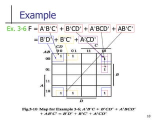 10
Example
Ex. 3-6 F = A’B’C’ + B’CD’ + A’BCD’ + AB’C’
= B’D’ B’C’
+ A’CD’
+
 