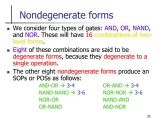 33
Nondegenerate forms
 We consider four types of gates: AND, OR, NAND,
and NOR. These will have 16 combinations of two-
level forms.
 Eight of these combinations are said to be
degenerate forms, because they degenerate to a
single operation.
 The other eight nondegenerate forms produce an
SOPs or POSs as follows:
AND-OR  3-4 OR-AND  3-4
NAND-NAND  3-6 NOR-NOR  3-6
NOR-OR NAND-AND
OR-NAND AND-NOR
 