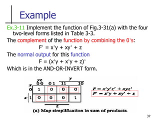 37
Example
Ex.3-11 Implement the function of Fig.3-31(a) with the four
two-level forms listed in Table 3-3.
The complement of the function by combining the 0’s:
F’ = x’y + xy’ + z
The normal output for this function
F = (x’y + x’y + z)’
Which is in the AND-OR-INVERT form.
 