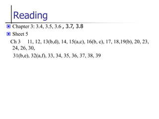 Reading
 Chapter 3: 3.4, 3.5, 3.6 , 3.7, 3.8
 Sheet 5
Ch 3 11, 12, 13(b,d), 14, 15(a,c), 16(b, c), 17, 18,19(b), 20, 23,
24, 26, 30,
31(b,e), 32(a,f), 33, 34, 35, 36, 37, 38, 39
 