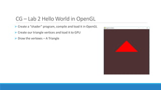CG – Lab 2 Hello World in OpenGL
➢ Create a “shader” program, compile and load it in OpenGL
➢ Create our triangle vertices and load it to GPU
➢ Draw the vertexes – A Triangle
 