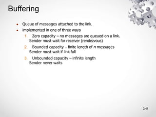 Buffering
3.41
● Queue of messages attached to the link.
● implemented in one of three ways
1. Zero capacity – no messages are queued on a link.
Sender must wait for receiver (rendezvous)
2. Bounded capacity – ﬁnite length of n messages
Sender must wait if link full
3. Unbounded capacity – inﬁnite length
Sender never waits
 