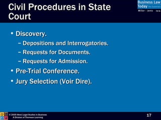 Civil Procedures in State Court Discovery. Depositions and Interrogatories. Requests for Documents. Requests for Admission. Pre-Trial Conference. Jury Selection (Voir Dire). 