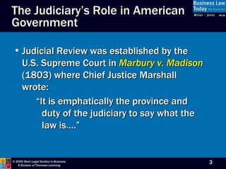 Judicial Review was established by the U.S. Supreme Court in  Marbury v. Madison  (1803) where Chief Justice Marshall wrote: “ It is emphatically the province and duty of the judiciary to say what the law is….”   The Judiciary’s Role in American Government 