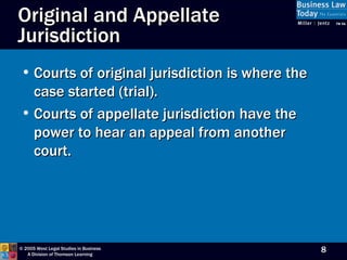 Original and Appellate Jurisdiction Courts of original jurisdiction is where the case started (trial). Courts of appellate jurisdiction have the power to hear an appeal from another court. 