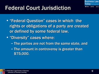 Federal Court Jurisdiction “Federal Question” cases in which  the rights or obligations of a party are created or defined by some federal law. “Diversity” cases where: The parties are not from the same state, and The amount in controversy is greater than $75,000. 