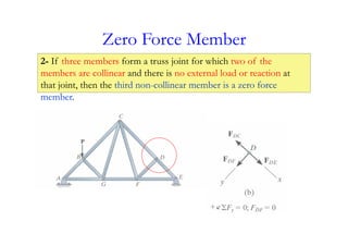 Zero Force Member
2- If three members form a truss joint for which two of the
members are collinear and there is no external load or reaction at
that joint, then the third non-collinear member is a zero force
member.
 