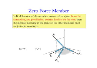 Zero Force Member
1- If all but one of the members connected to a joint lie on the
same plane, and provided no external load act on the joint, then
the member not lying in the plane of the other members must
subjected to zero force.
Fz = 0 , FD = 0
 