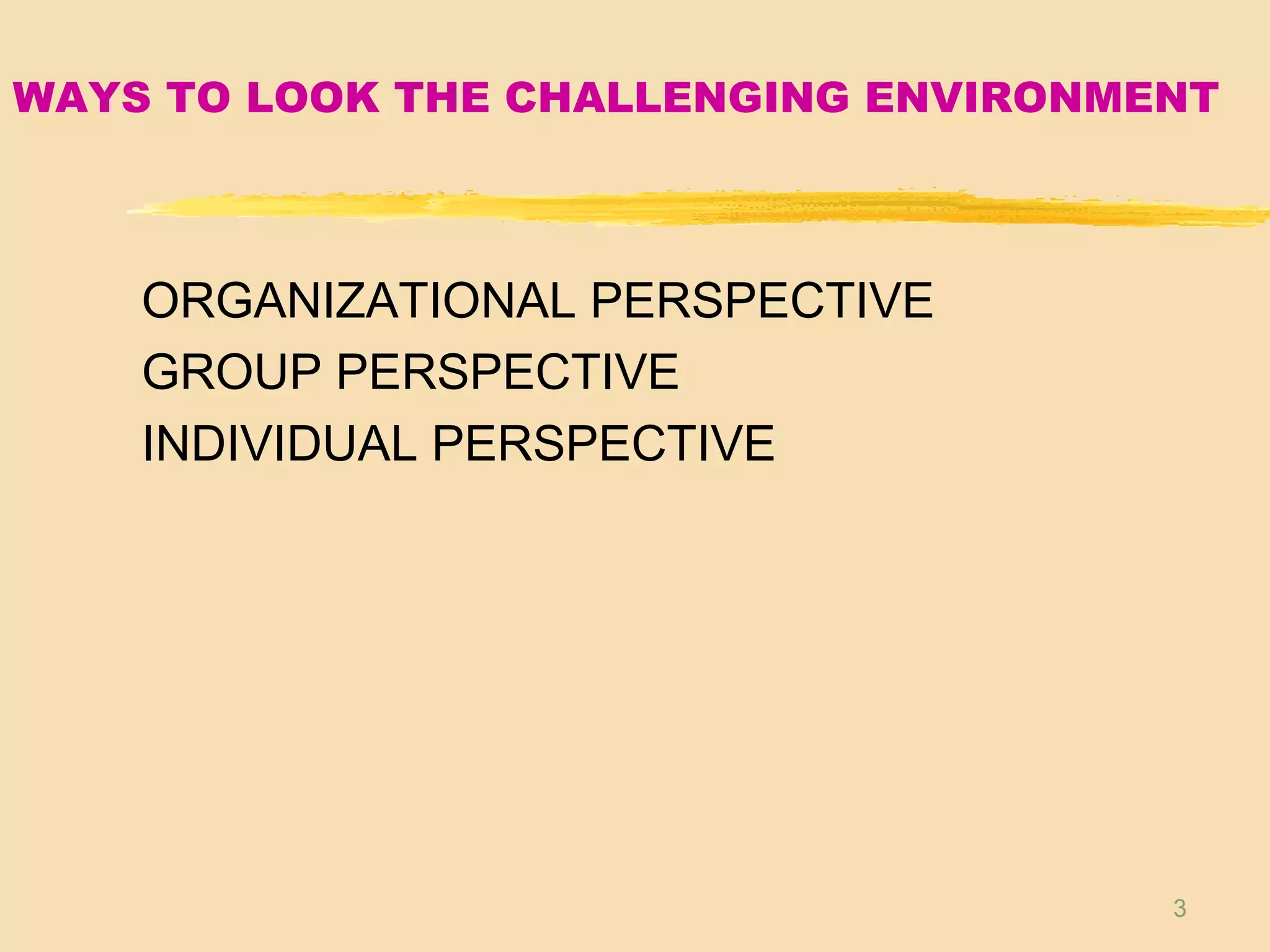 3
WAYS TO LOOK THE CHALLENGING ENVIRONMENT
ORGANIZATIONAL PERSPECTIVE
GROUP PERSPECTIVE
INDIVIDUAL PERSPECTIVE
 