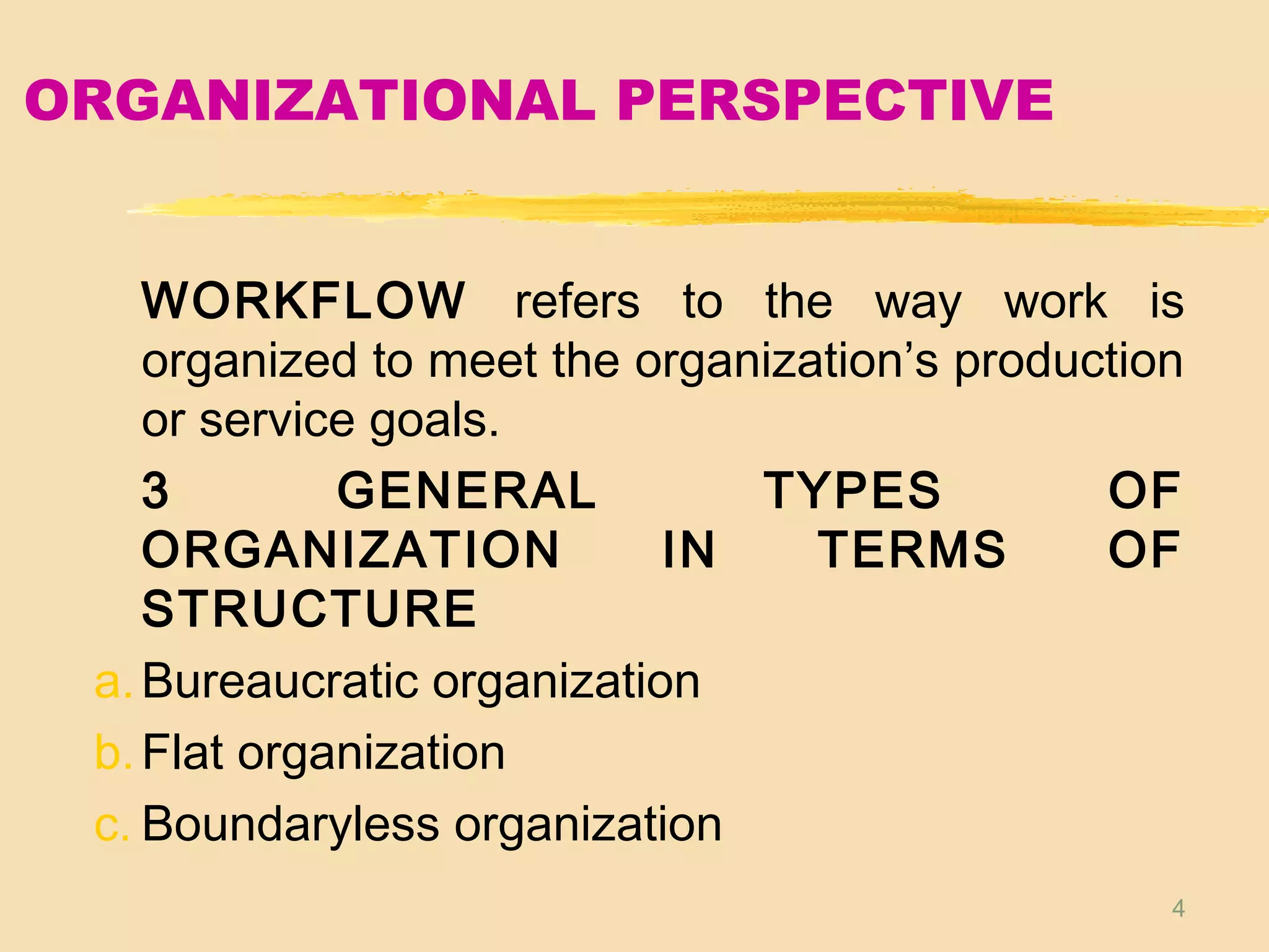 4
ORGANIZATIONAL PERSPECTIVE
WORKFLOW refers to the way work is
organized to meet the organization’s production
or service goals.
3 GENERAL TYPES OF
ORGANIZATION IN TERMS OF
STRUCTURE
a.Bureaucratic organization
b.Flat organization
c. Boundaryless organization
 