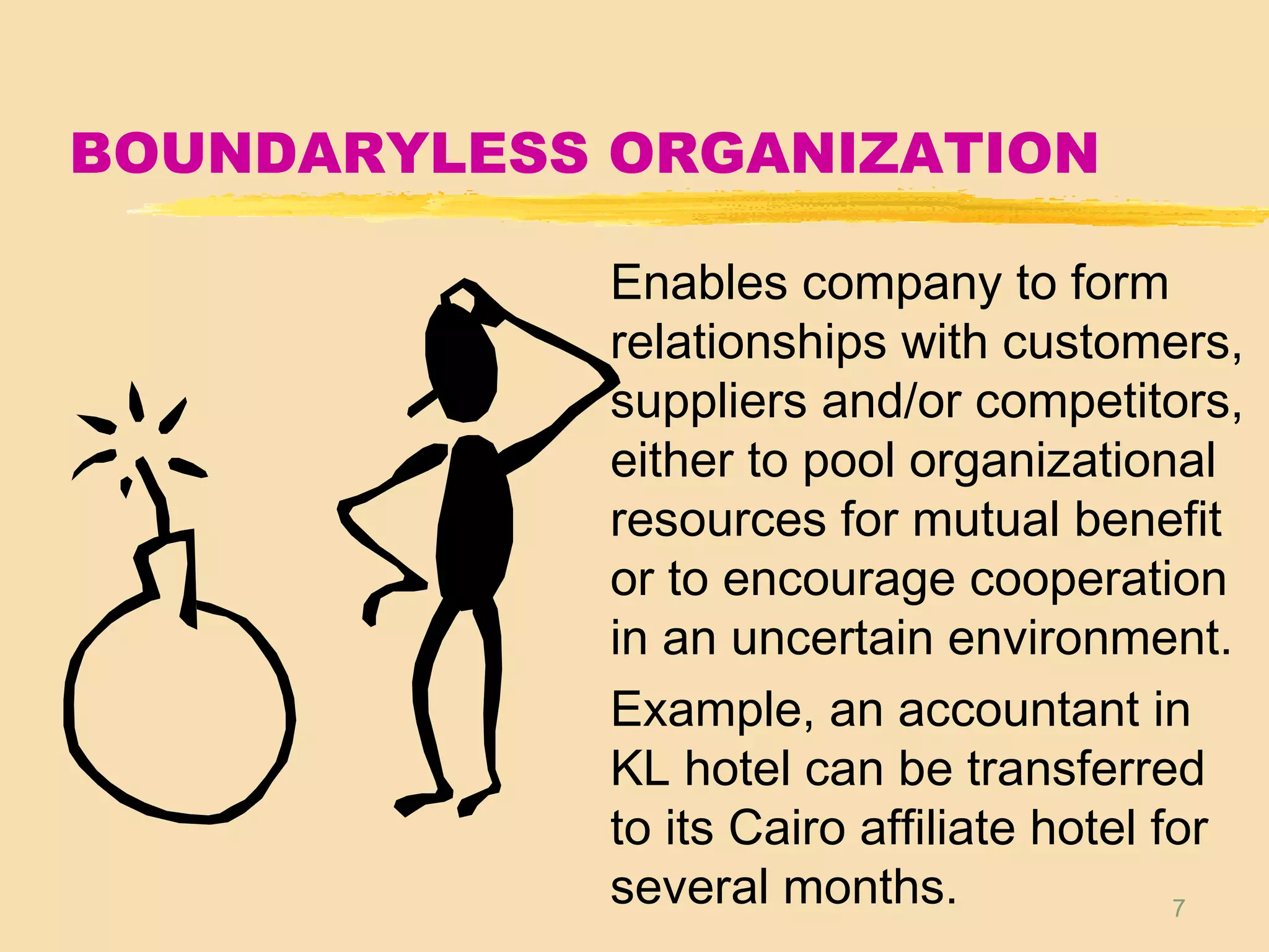 7
BOUNDARYLESS ORGANIZATION
Enables company to form
relationships with customers,
suppliers and/or competitors,
either to pool organizational
resources for mutual benefit
or to encourage cooperation
in an uncertain environment.
Example, an accountant in
KL hotel can be transferred
to its Cairo affiliate hotel for
several months.
 