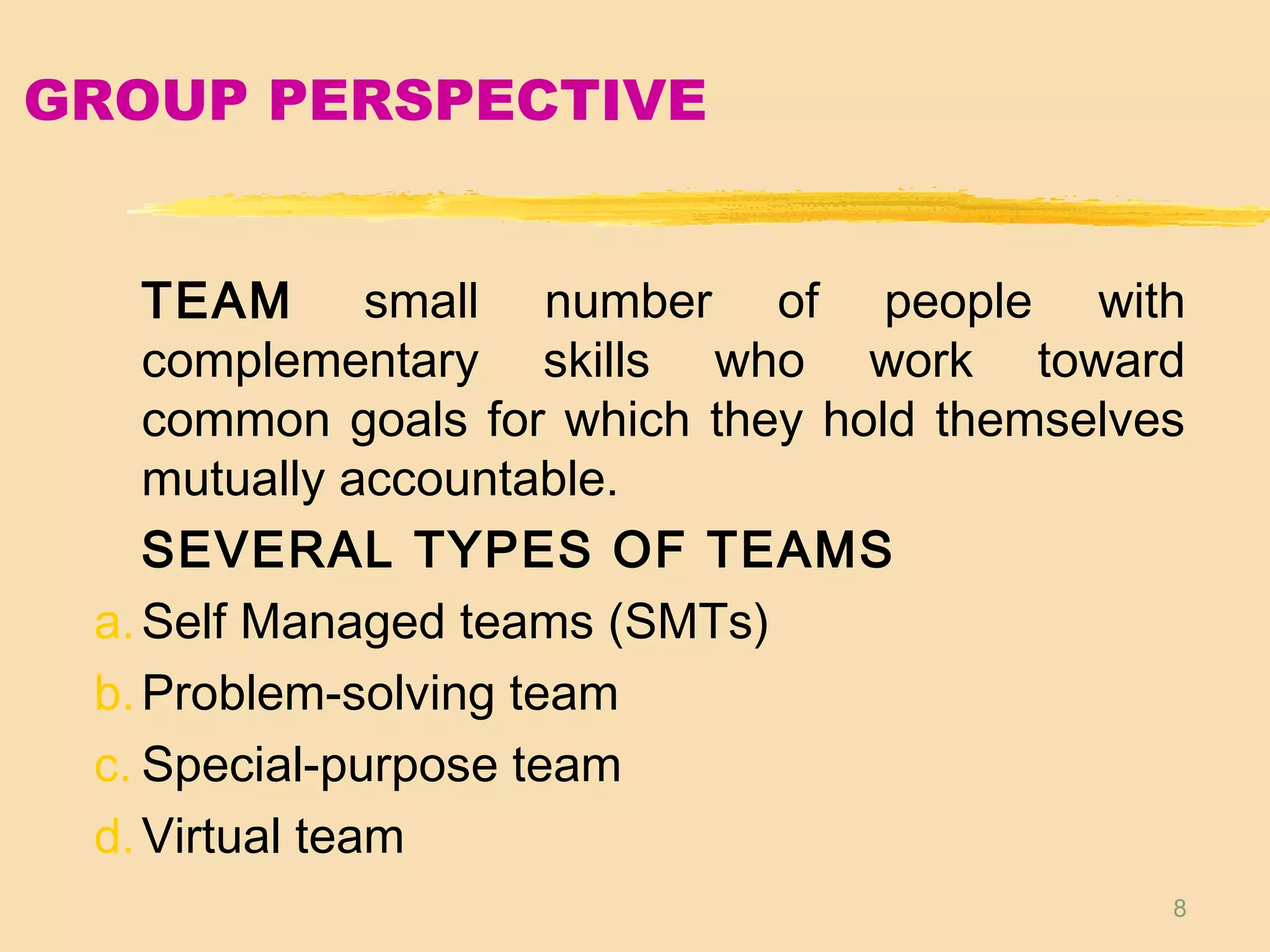 8
GROUP PERSPECTIVE
TEAM small number of people with
complementary skills who work toward
common goals for which they hold themselves
mutually accountable.
SEVERAL TYPES OF TEAMS
a.Self Managed teams (SMTs)
b.Problem-solving team
c. Special-purpose team
d.Virtual team
 