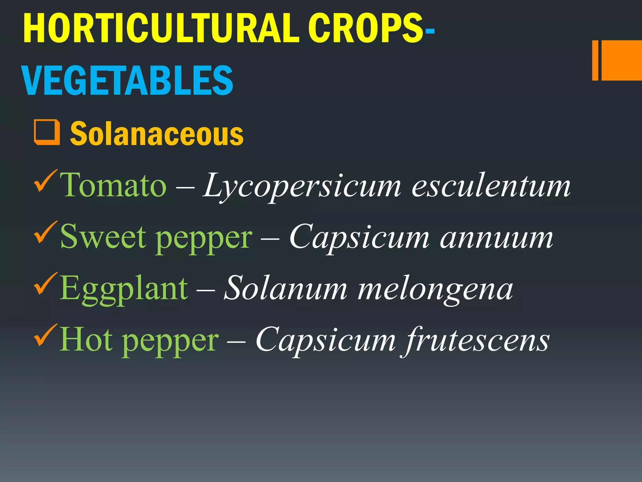 HORTICULTURAL CROPS-
VEGETABLES
 Solanaceous
Tomato – Lycopersicum esculentum
Sweet pepper – Capsicum annuum
Eggplant – Solanum melongena
Hot pepper – Capsicum frutescens
 