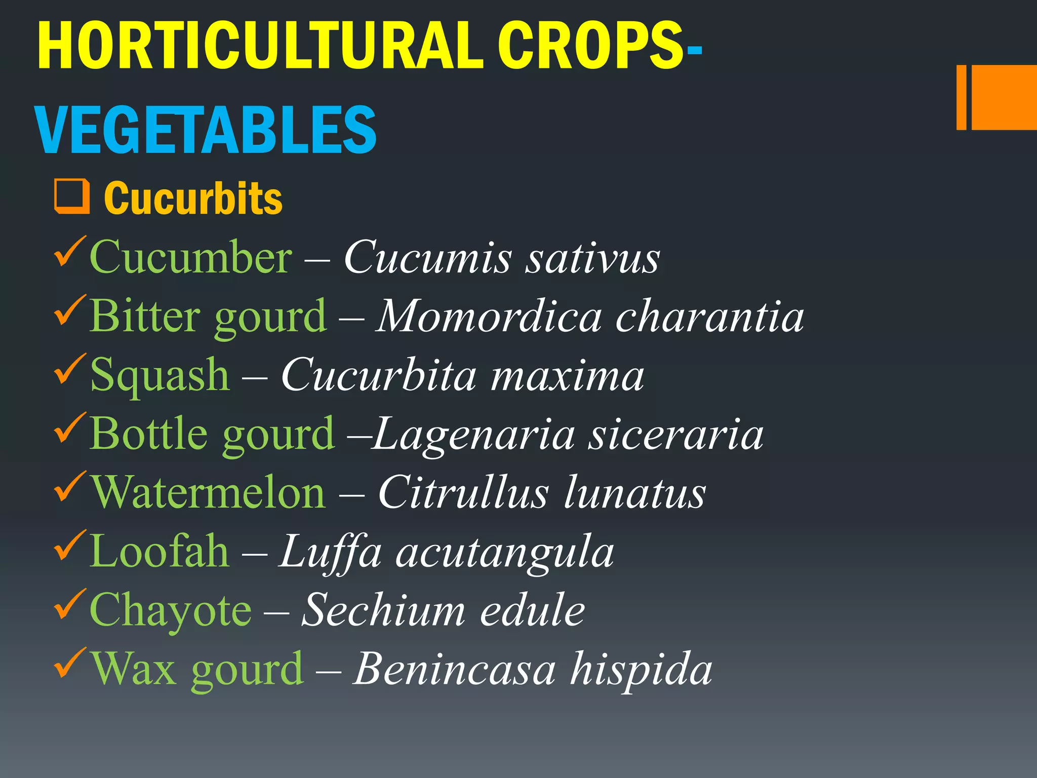 HORTICULTURAL CROPS-
VEGETABLES
 Cucurbits
Cucumber – Cucumis sativus
Bitter gourd – Momordica charantia
Squash – Cucurbita maxima
Bottle gourd –Lagenaria siceraria
Watermelon – Citrullus lunatus
Loofah – Luffa acutangula
Chayote – Sechium edule
Wax gourd – Benincasa hispida
 