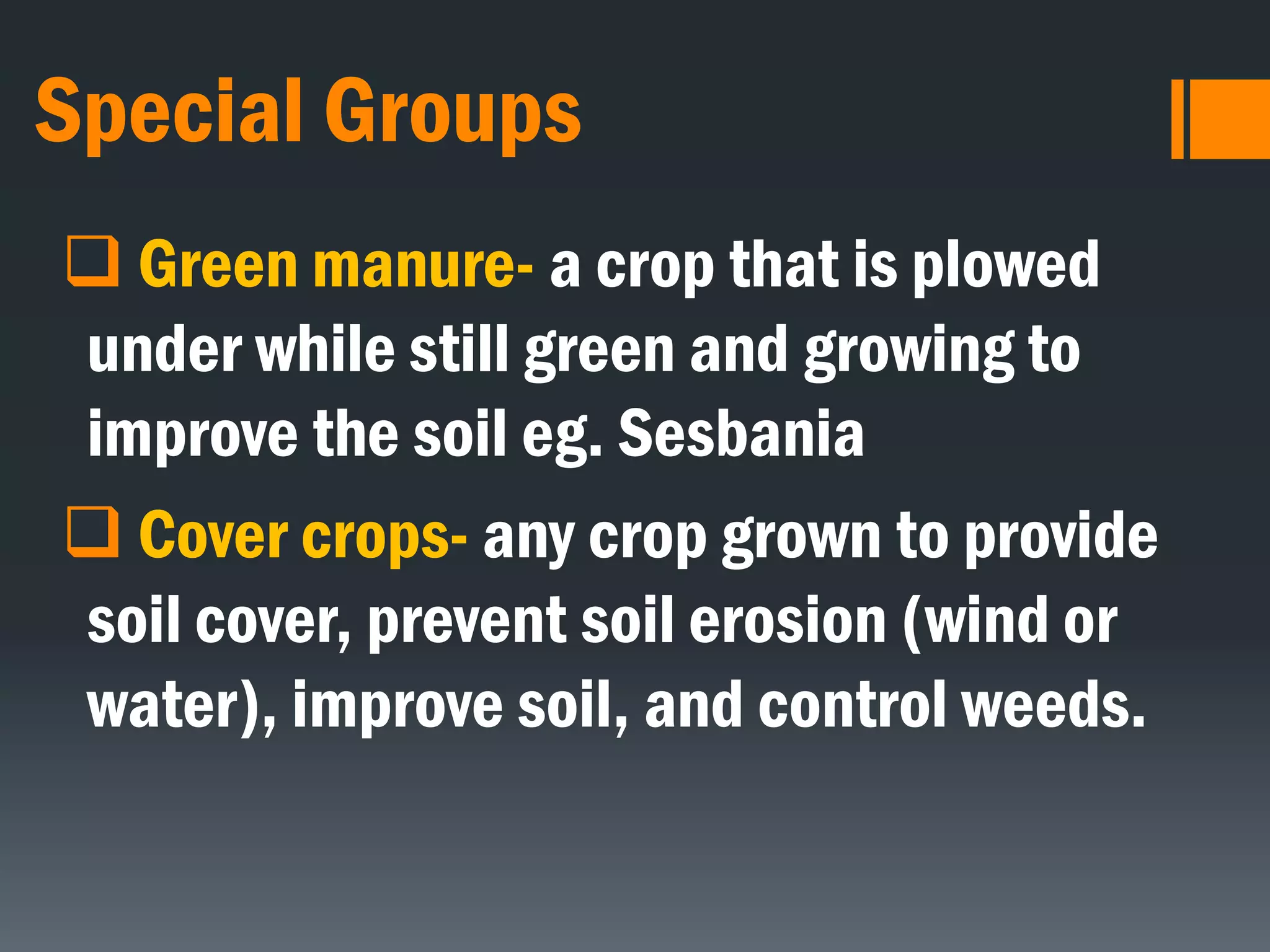 Special Groups
 Green manure- a crop that is plowed
under while still green and growing to
improve the soil eg. Sesbania
 Cover crops- any crop grown to provide
soil cover, prevent soil erosion (wind or
water), improve soil, and control weeds.
 