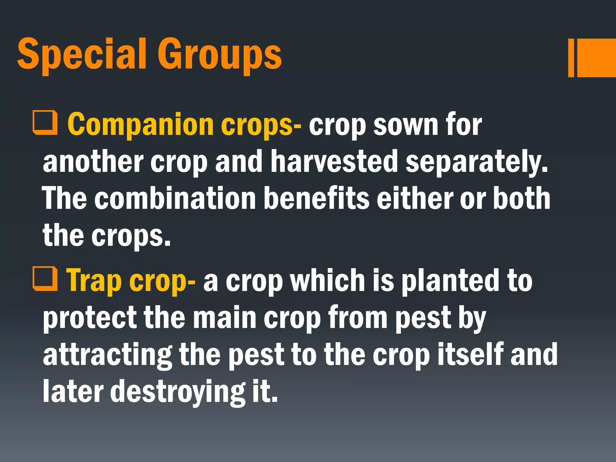 Special Groups
 Companion crops- crop sown for
another crop and harvested separately.
The combination benefits either or both
the crops.
 Trap crop- a crop which is planted to
protect the main crop from pest by
attracting the pest to the crop itself and
later destroying it.
 