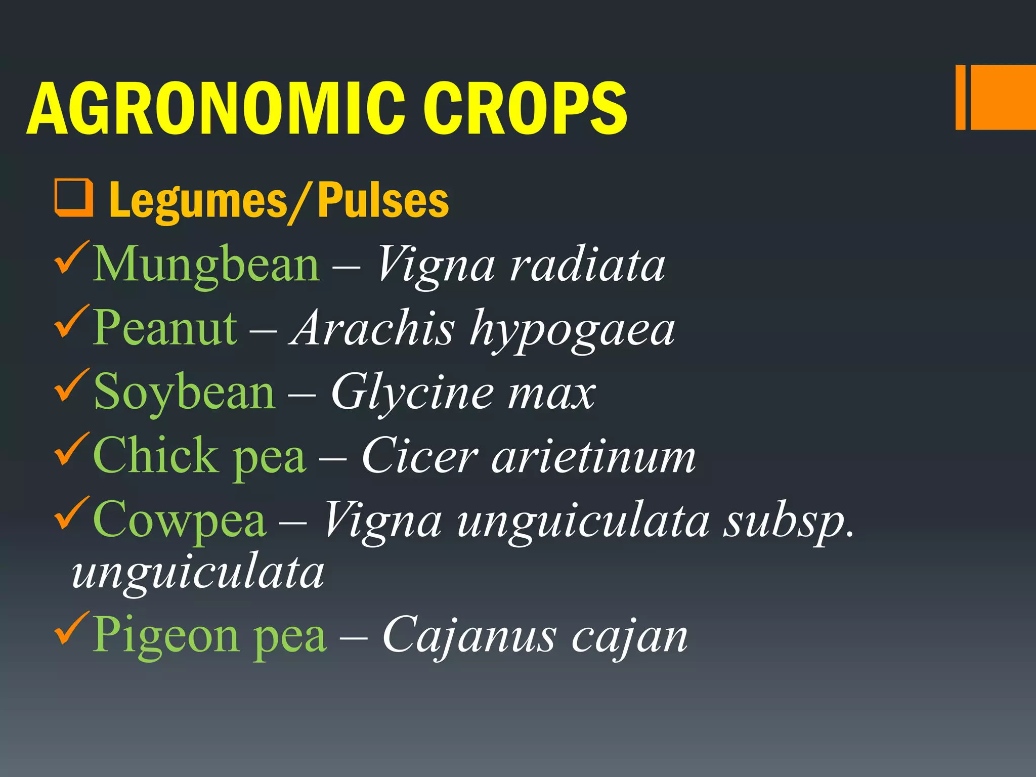 AGRONOMIC CROPS
 Legumes/Pulses
Mungbean – Vigna radiata
Peanut – Arachis hypogaea
Soybean – Glycine max
Chick pea – Cicer arietinum
Cowpea – Vigna unguiculata subsp.
unguiculata
Pigeon pea – Cajanus cajan
 