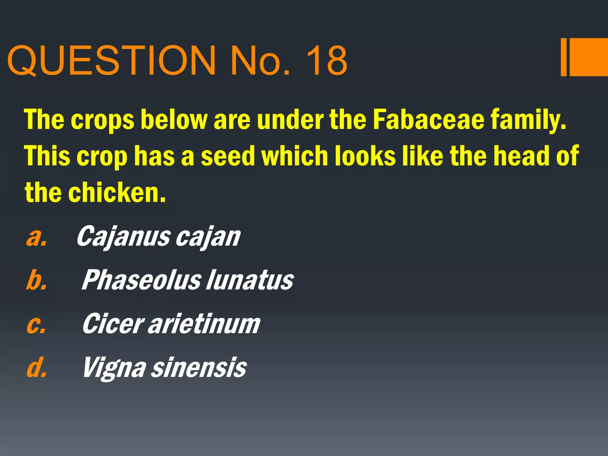 QUESTION No. 18
The crops below are under the Fabaceae family.
This crop has a seed which looks like the head of
the chicken.
a. Cajanus cajan
b. Phaseolus lunatus
c. Cicer arietinum
d. Vigna sinensis
 