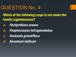 QUESTION No. 4
Which of the following crops is not under the
family Leguminoseae?
a. Pachyrrhizus erosus
b. Psophocarpus tetragonolobus
c. Sesbania grandiflora
d. Sesamum indicum
 