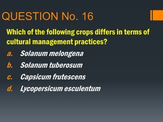 QUESTION No. 16
Which of the following crops differs in terms of
cultural management practices?
a. Solanum melongena
b. Solanum tuberosum
c. Capsicum frutescens
d. Lycopersicum esculentum
 