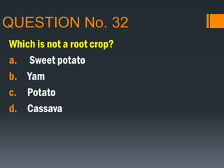 QUESTION No. 32
Which is not a root crop?
a. Sweet potato
b. Yam
c. Potato
d. Cassava
 
