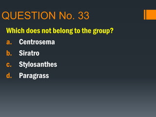 QUESTION No. 33
Which does not belong to the group?
a. Centrosema
b. Siratro
c. Stylosanthes
d. Paragrass
 