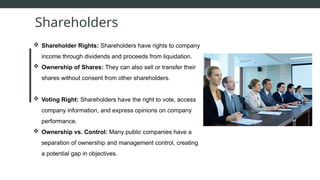  Shareholder Rights: Shareholders have rights to company
income through dividends and proceeds from liquidation.
 Ownership of Shares: They can also sell or transfer their
shares without consent from other shareholders.
 Voting Right: Shareholders have the right to vote, access
company information, and express opinions on company
performance.
 Ownership vs. Control: Many public companies have a
separation of ownership and management control, creating
a potential gap in objectives.
Shareholders
 