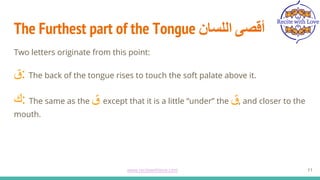 The Furthest part of the Tongue ‫اﻟﻠﺳﺎن‬ ‫أﻗﺻﻰ‬
11
Two letters originate from this point:
‫ق‬: The back of the tongue rises to touch the soft palate above it.
‫ك‬: The same as the ‫ق‬ except that it is a little “under” the ‫ق‬, and closer to the
mouth.
www.recitewithlove.com 11
 