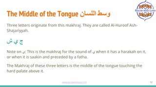 The Middle of the Tongue ‫اﻟﻠﺳﺎن‬ ‫وﺳط‬
Three letters originate from this makhraj. They are called Al-Huroof Ash-
Shajariyyah.
‫ش‬ ‫ي‬ ‫ج‬
Note on ‫ي‬: This is the makhraj for the sound of ‫ي‬ when it has a harakah on it,
or when it is saakin and preceded by a fatha.
The Makhraj of these three letters is the middle of the tongue touching the
hard palate above it.
12
www.recitewithlove.com 12
 