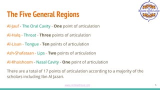 The Five General Regions
5
Al-Jauf - The Oral Cavity - One point of articulation
Al-Halq - Throat - Three points of articulation
Al-Lisan - Tongue - Ten points of articulation
Ash-Shafataan - Lips - Two points of articulation
Al-Khaishoom - Nasal Cavity - One point of articulation
There are a total of 17 points of articulation according to a majority of the
scholars including Ibn Al Jazari.
www.recitewithlove.com 5
 